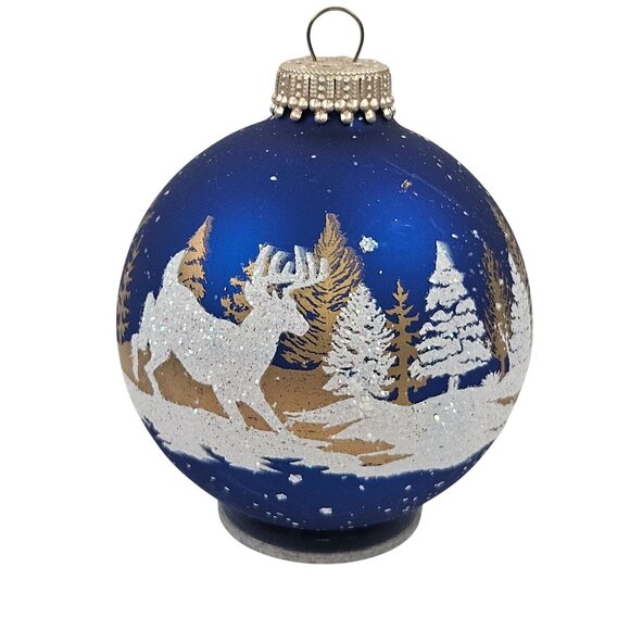 Christmas By Krebs 4 Ornaments Burgundy Ribbon Trim Blue Reindeer Glitter - Picture 12 of 12